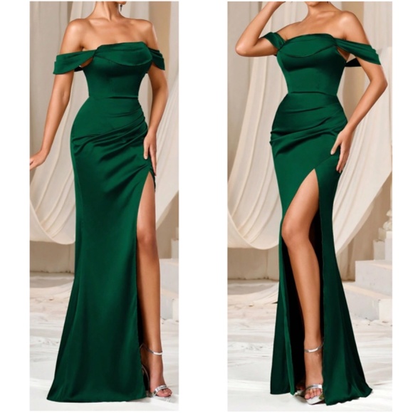 Luxe Satin Off Shoulder Lace up Split Thigh Formal Party Wedding Dress - Picture 2 of 6